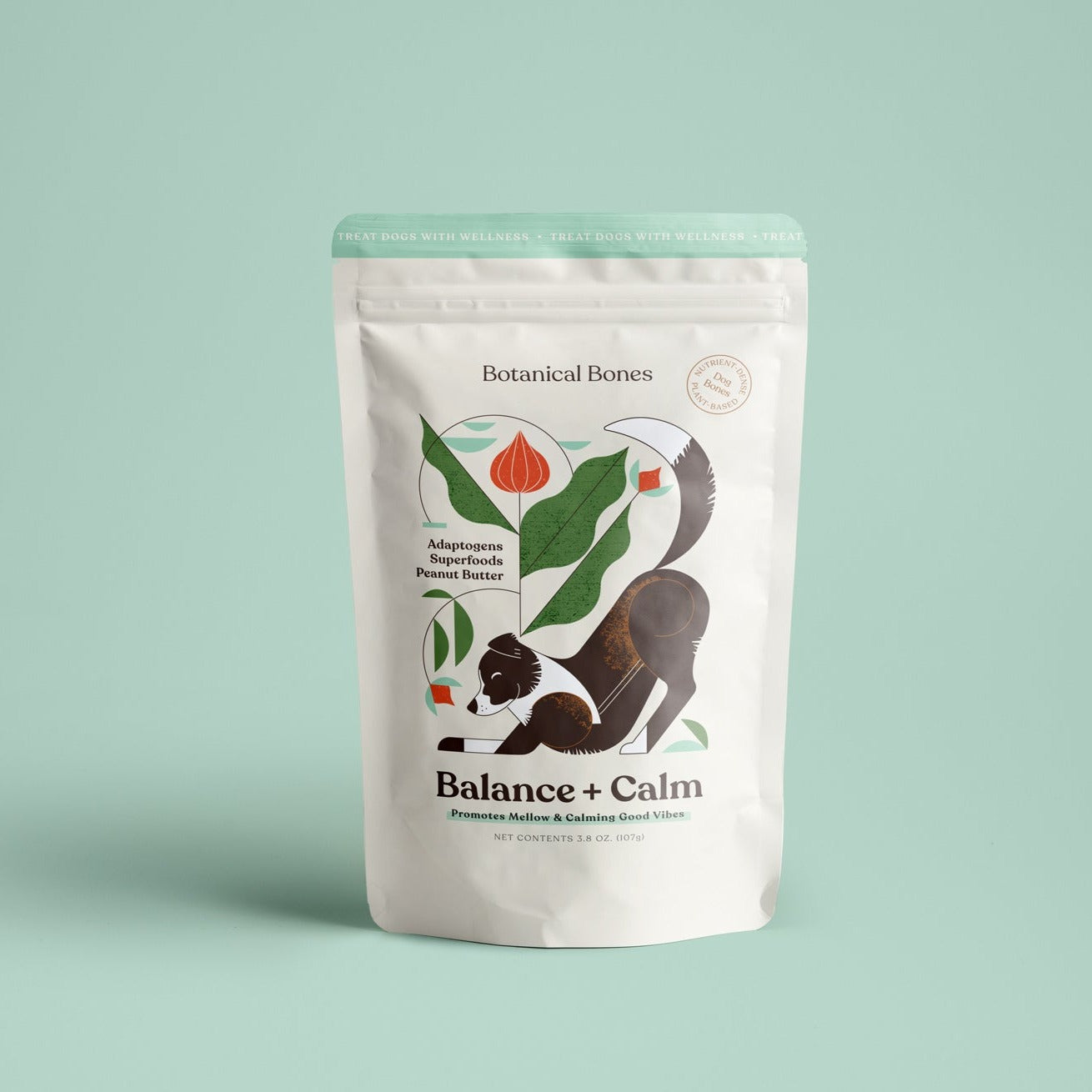 A package of Botanical Bones Balance + Calm supplements for pets, with an illustration of a dog on the front.