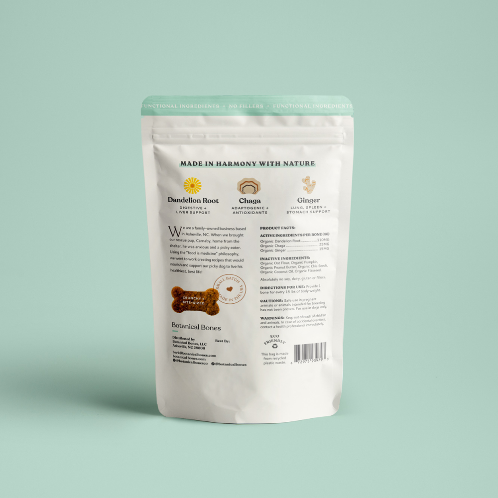 Dog food packaging with a light green background