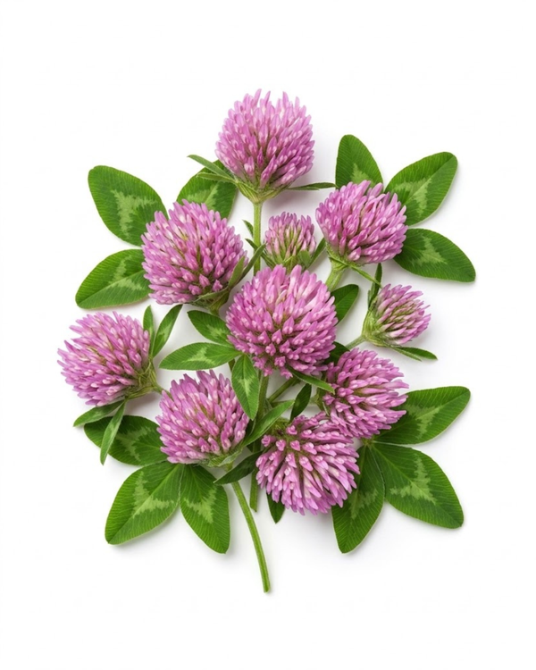 Red Clover flowers with green leaves on a white background