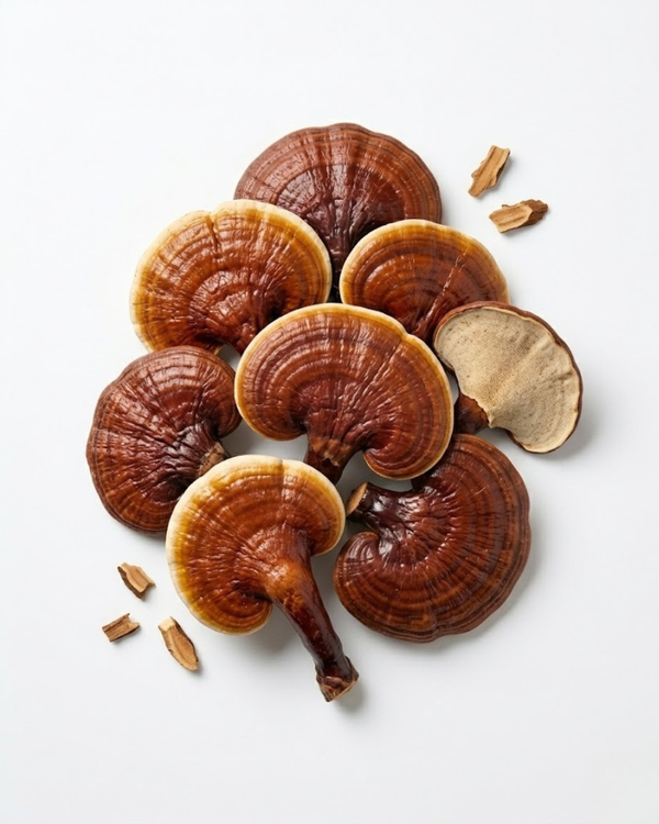 Close-up of Ganoderma mushrooms or chaga on a light gray background